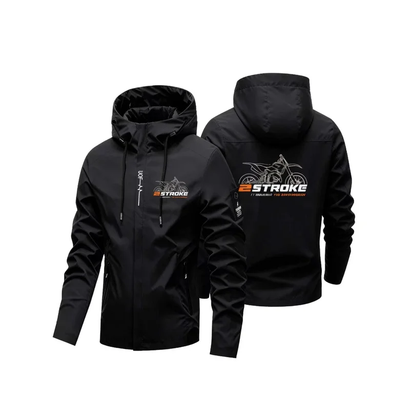 Men 2 Stroke Dirt Bike Print Hooded Jacket, Windproof Zip Coat  Outdoor Casual Motorcycle Outerwear