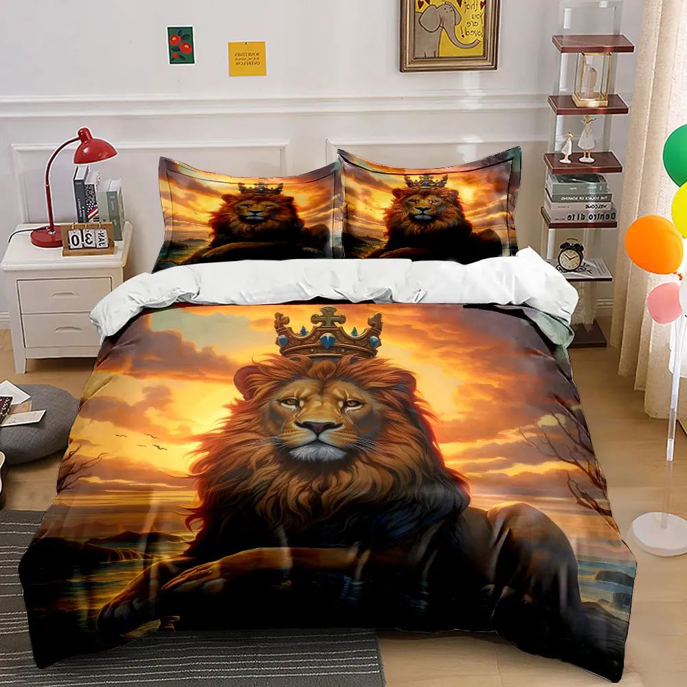 Majestic Lion with Crown at Sunset Print Bedding set 3PC 1 duvet cover 2 pillowcases adult and children bedding set Luxury