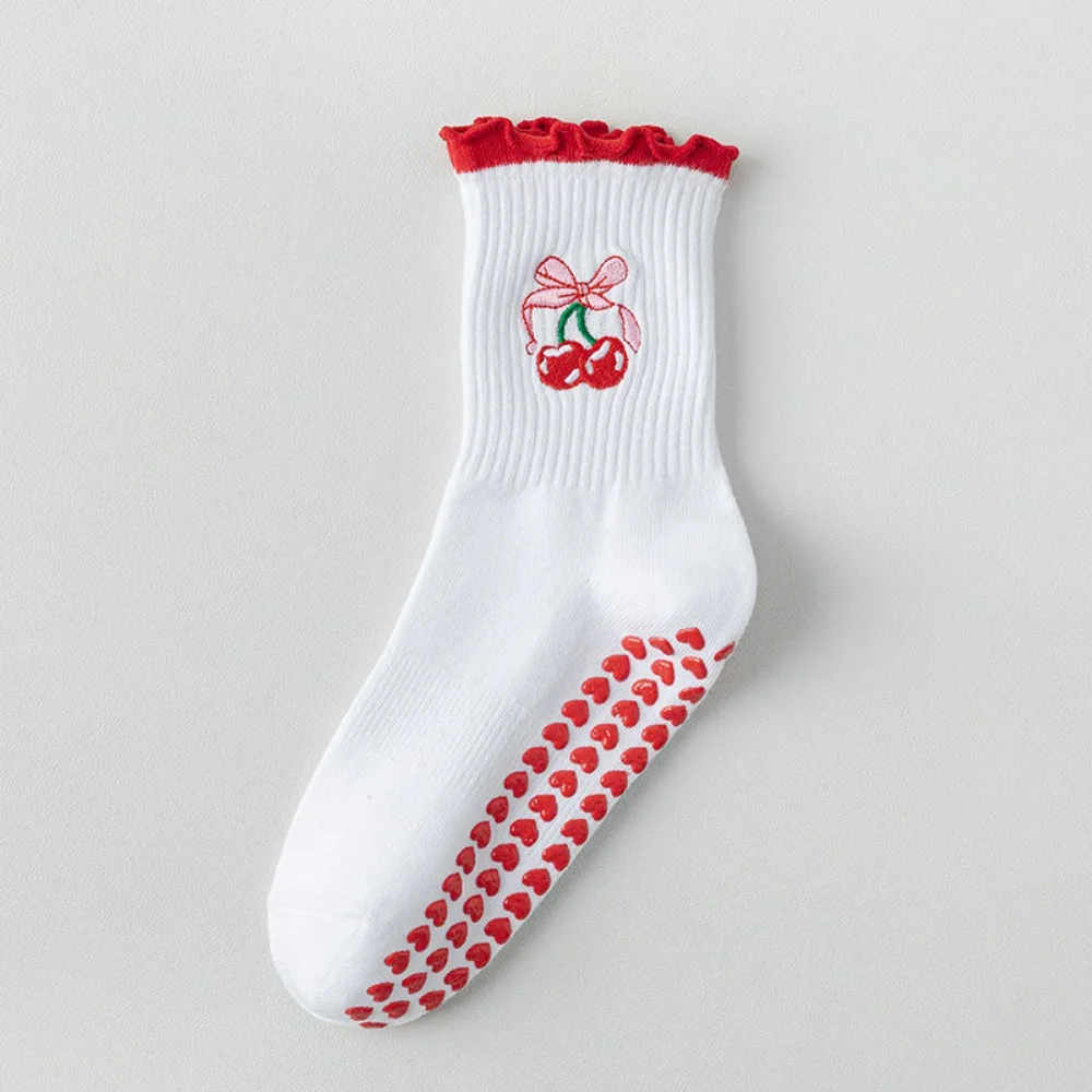 

New Cotton Pilates Socks Breathable Sweat-absorbent Cherry Embroidery Socks Casual Harajuku Street Mid Tube Socks