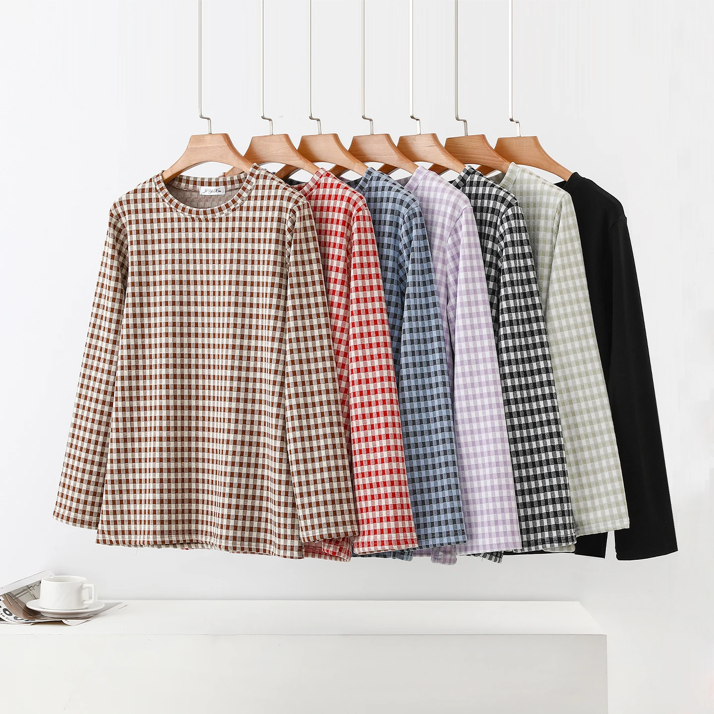Thickened Fleece Long Sleeve round Neck T-Shirt Women's Autumn Winter Large Size Inner Wear Base Shirt Checkered Upper Apparel