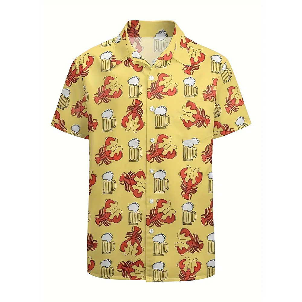 

Men'S Shirt Men'S Plus-Size Baggy Lapel Button Up Top Fashion Lobster And Beer Print Short-Sleeved Shirt Hawaiian Vacation Shirt