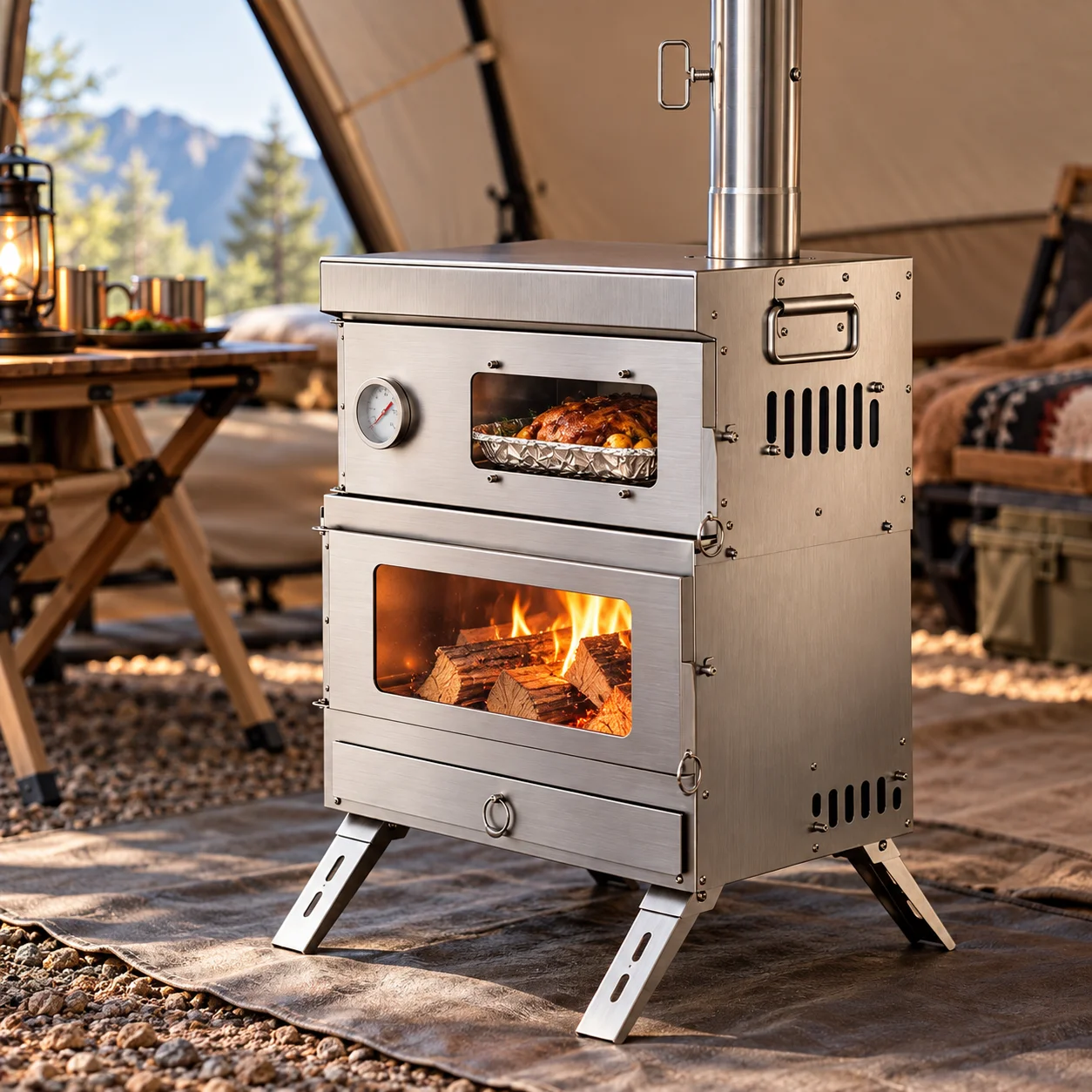 1 set di fornello da campeggio in acciaio inossidabile per tende, con forno rimovibile, tubi per il camino e termometro, ideale per campeggio in tenda e cucina all'aperto.