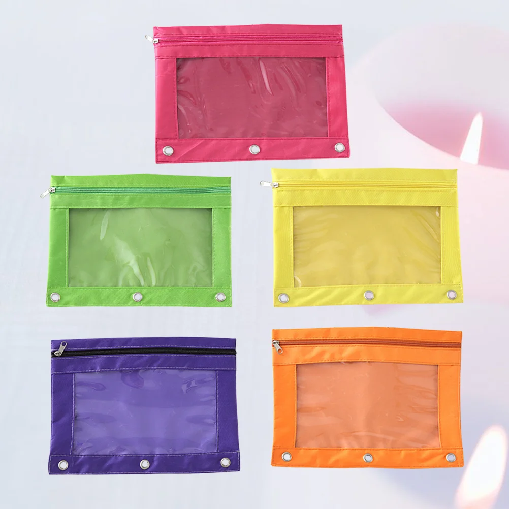 5Pcs Creative Transparent Zipper Pencil Case Three Hole Large Capacity Pencil Bag Oxford Pencil Bag(Yellow, Purple, Orange, Rosy