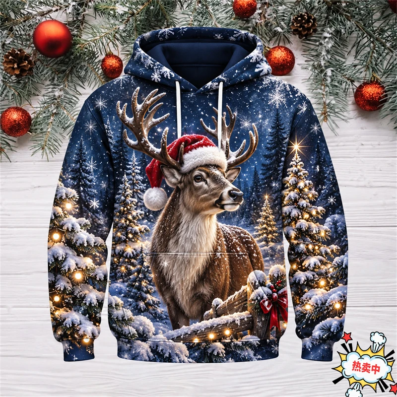 Christmas Reindeer Hoodie 3D Printed Winter Forest Snow Pullover Unisex Long Sleeve Xmas Holiday Party Casual Gift Men Women