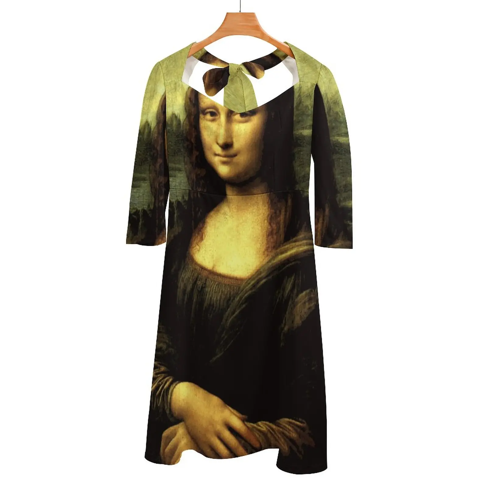 Mona Lisa Famous Fine Art Painting Square Neck Dress Back Lacing Backless Dress Elegant Beach Party Dress Korean Leonardo Da