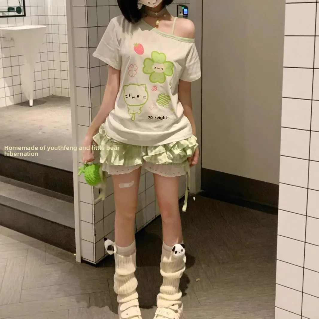 لطيف الحلو النمط الياباني أربع أوراق البرسيم الكتف عارية قصيرة الأكمام تي شيرت المرأة الصيف كسول الطازجة اللون الاصطدام التخسيس #3