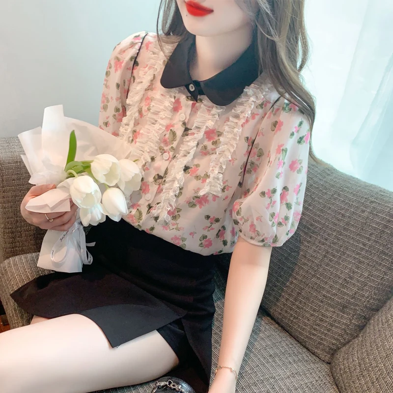 Pink floral short sleeved shirt for women\'s 2024 summer new contrasting lapel bubble sleeve French loose chiffon top