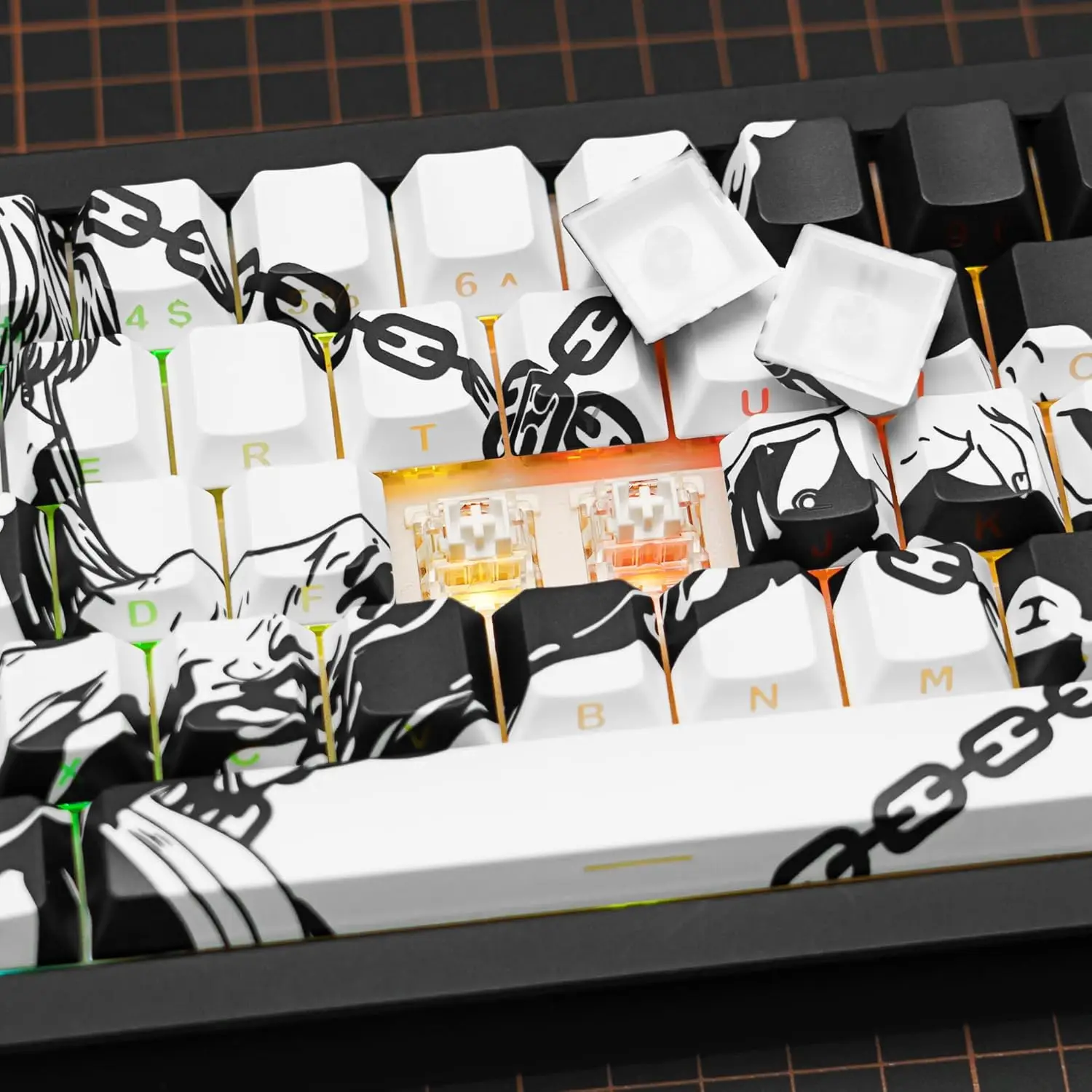 PBT material cherry color  black chain custom shimmering backlit keycap 75%, 131 keys through side carving custom keycap set sui