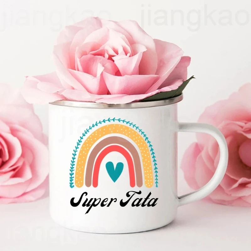 Super Tata Rainbow French Printed Enamel Cup Coffee Mug Drinks Milk Cups Camping Mugs Best Birthday Holiday Gift for Auntie Aunt