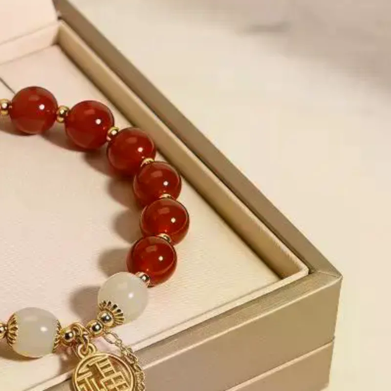 Natural Jade Beads Bracelet 1Pcs Red Gemstone Jewelry Lucky Talisman for Protection and Daily Outfits