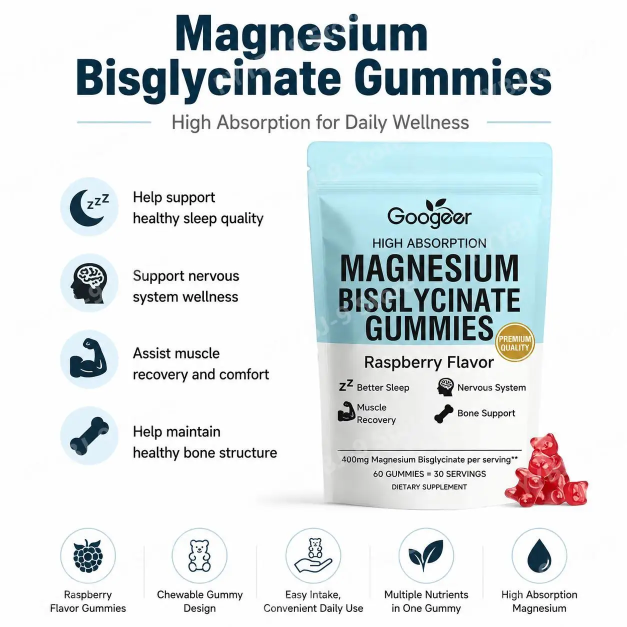 Googeer Magnesium Bisglycinate Gummies for Sleep Quality and Muscle Recovery with Vitamin D3 Plus Zinc Bisglycinate, 60 Gummies