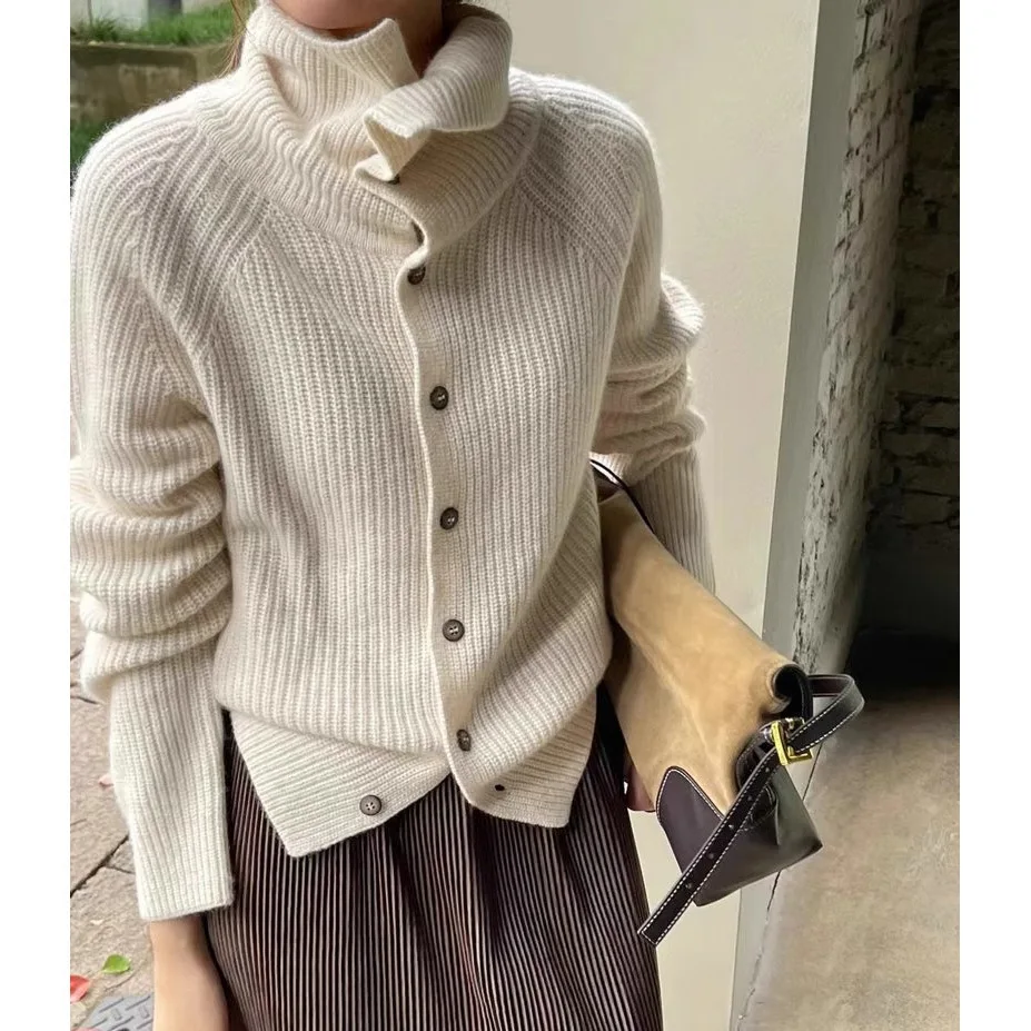 

Women Knitted Cardigan Sweaters Solid Jumpers Stand Collar Single Breasted Long Sleeve Thick Loose Fit Casual 2025 Autumn Winter