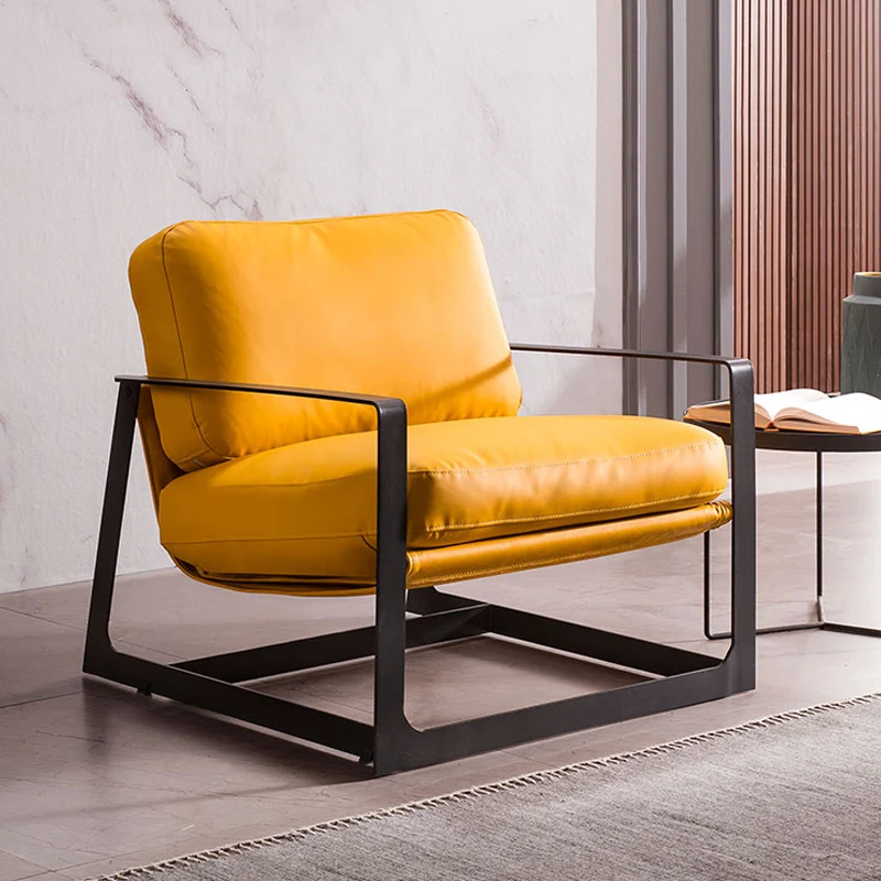 # Single Iron Sofa Chair Yellow Recliner Minimalist Style Comfortable  Living Room Leisure Metal
