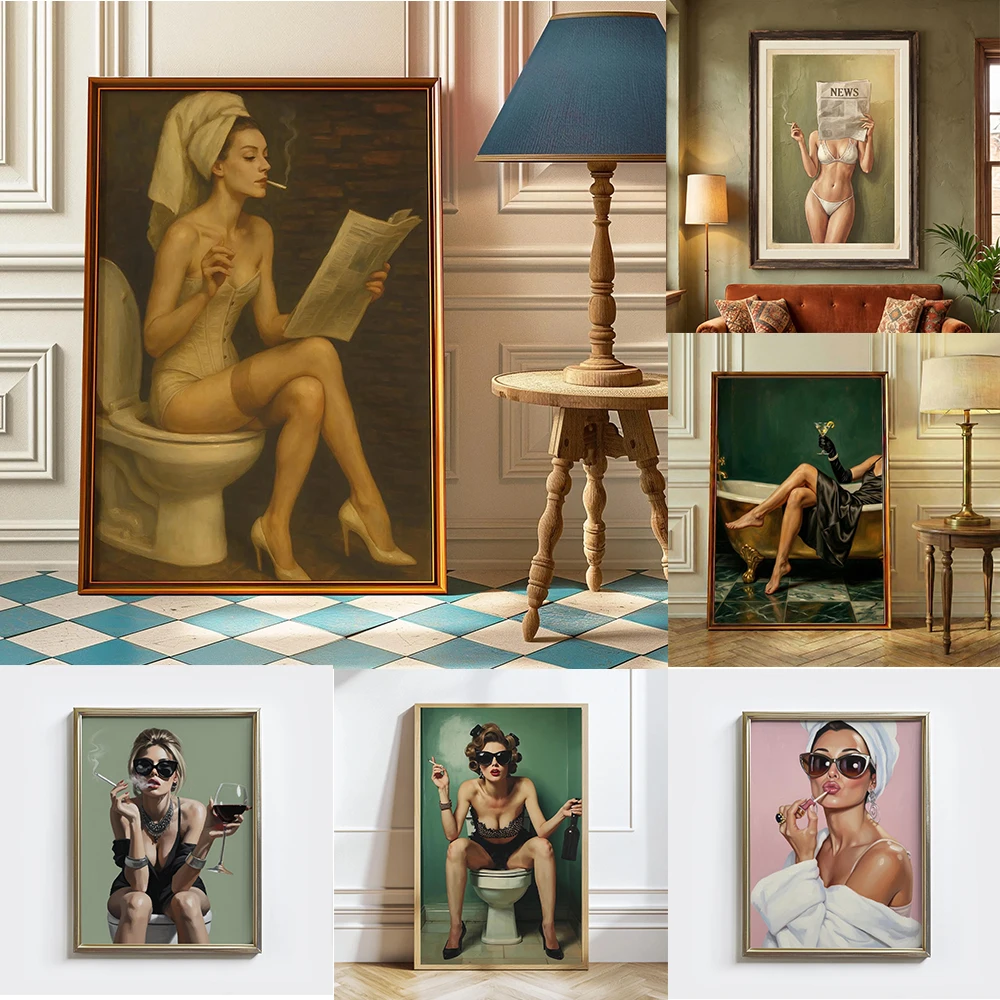Glamour Bathroom Wall Art Prints Retro Woman Toilet Art Poster Quirky Feminine Bathroom Decor Vintage Boudoir Art Gifts