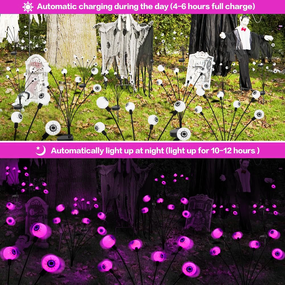 ديكور الهالوين في الهواء الطلق ضوء عين مخيف بالطاقة الشمسية 6/8/10LED ضوء مسار الهالوين الشمسي يدوم حتى 20 ساعة ديكور حفلات الهالوين
