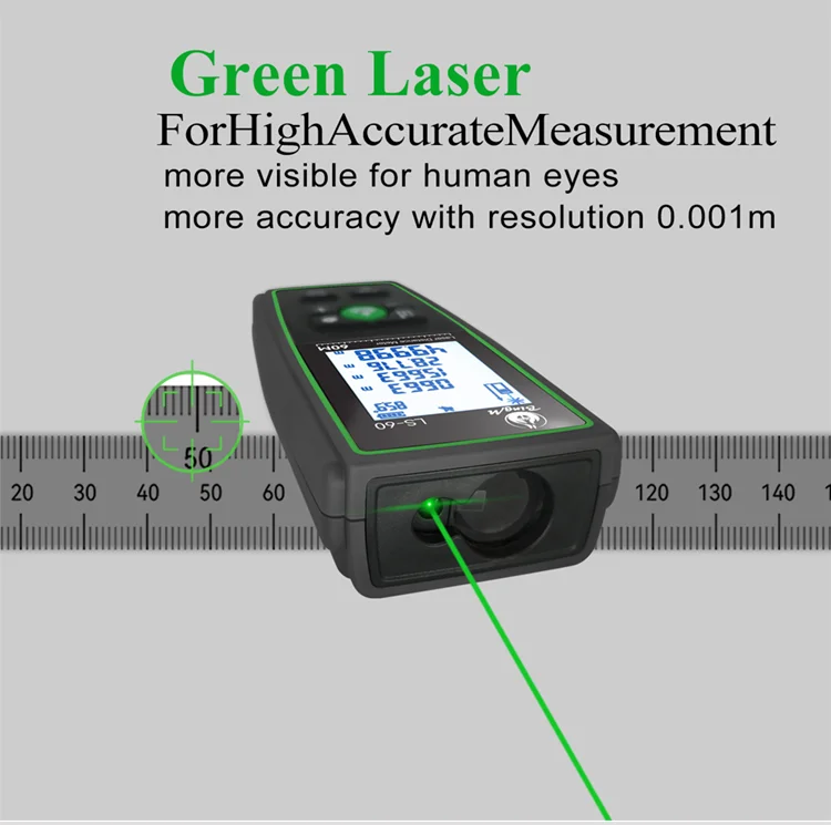 60 m Battery Laser Distance Meter Compact Industrial IP54 Waterproof Rangefinder with 7X Zoom 3A for Interior Use