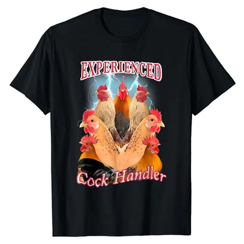 

Experienced Cock Handler T-Shirt Funny Chick Lover Graphic Tee Tops Chicken Rooster Poultry Farmer Gift Humorous Farming Clothes