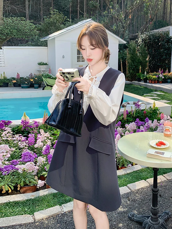 

Комплект из длинного платья и юбки для женщин: юбка А-силуэта с высокой талией, французский стиль, весна-осень, маленький размер