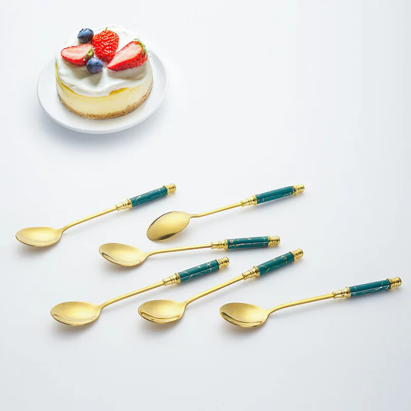 Ceramic Long Handle Stainless Steel Tea Spoon Golden Metal Coffee Mix Spoons Dessert Spoon 6Pcs/Set White Pink Green Black Color