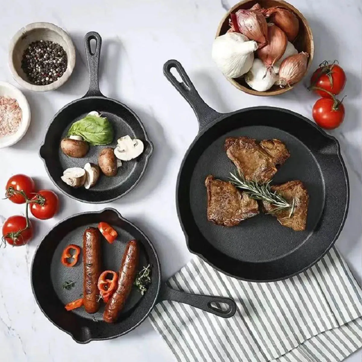 3PCS Cast Iron Frying Pan 16/20/25cm Non-stick Skillet Kitchen Breakfast Pan Omelette Pancake Pot Induction Cooking Cookware Set