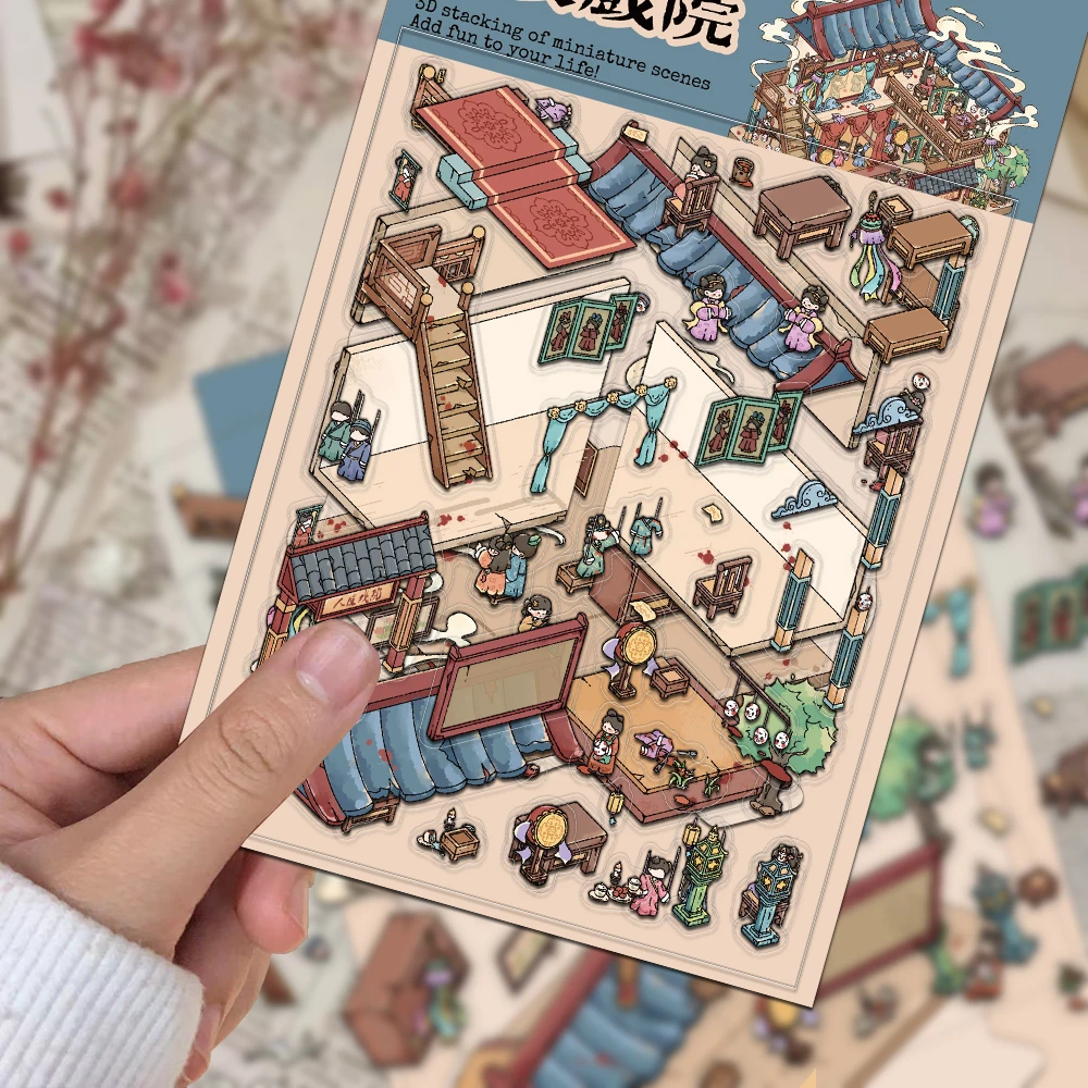 3PCS Creative Miniature Shrink World Human Skin Cinema Landscape DIY Niche Decompression PET Transparent Material Stickers