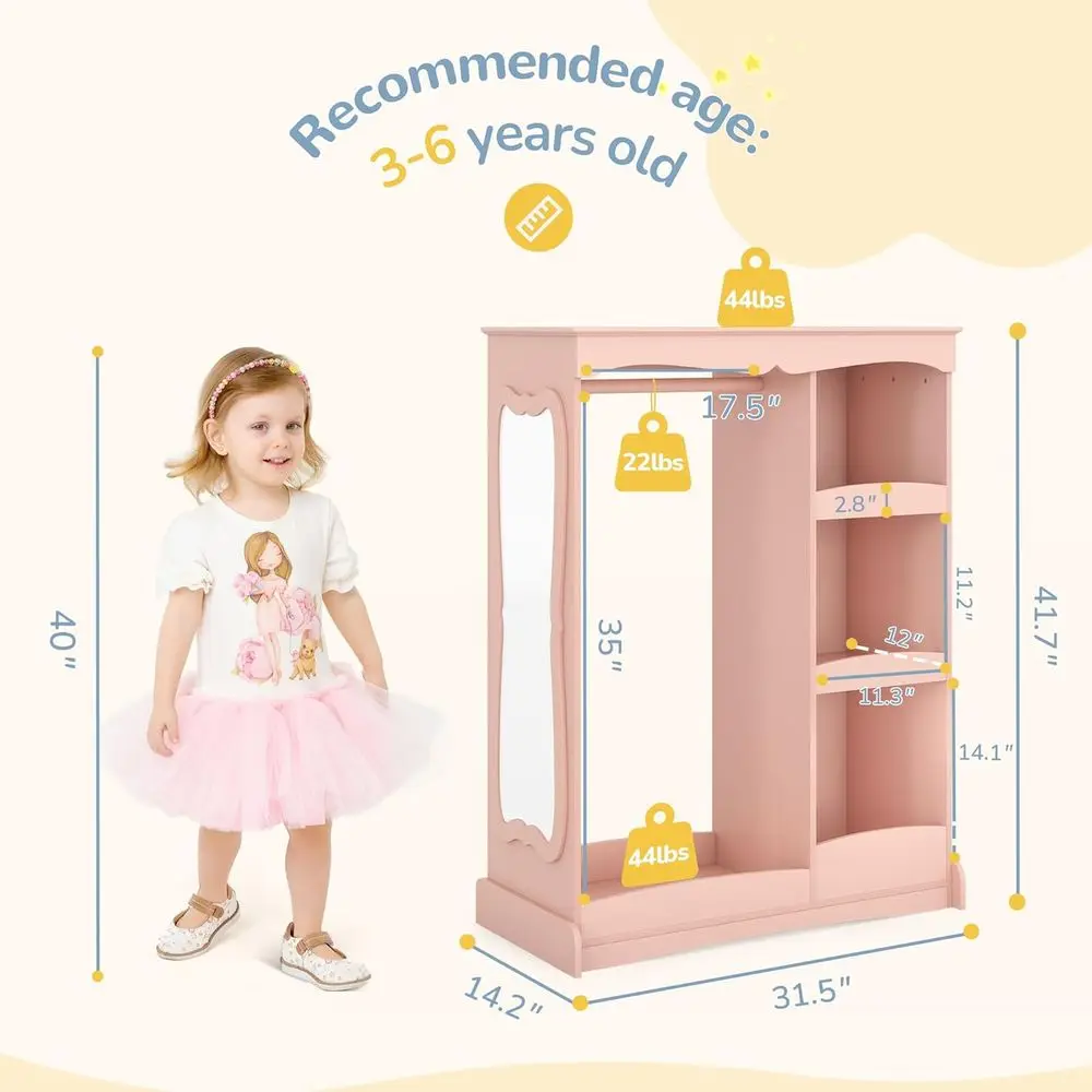 子供用ドレスアップ収納、フラワーミラー付き、子供用オープンハンギングクローゼットワードローブ、子供用アールモワール＆コスチュームオーガナイザー（寝室用）
