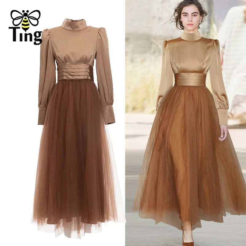 Tingfly Runway Designer High Waist Lantern Sleeve Vintage Elegant Party Dinner Dresses Lady Hit Color Princess A Line Long Elbis