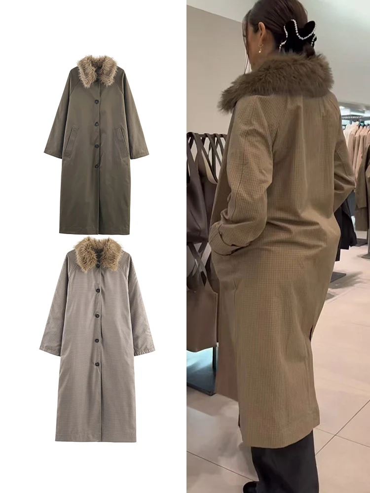 

2025 Autumn Winter Women's Loose Long Trench Coat Fashion Faux Fur Collar Double-sided Windbreaker Coat Casual Lady Outerwear