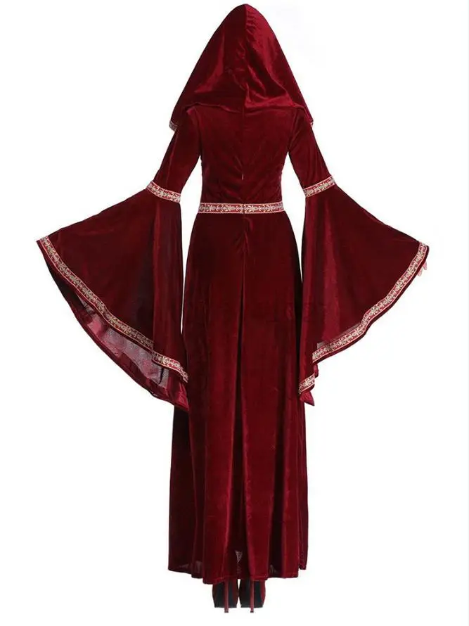 Medieval Retro Victorian Dress For Women Halloween Party Vampire Witch Costume Gothic Red Flare Sleeve Hood Long Dress Vestidos