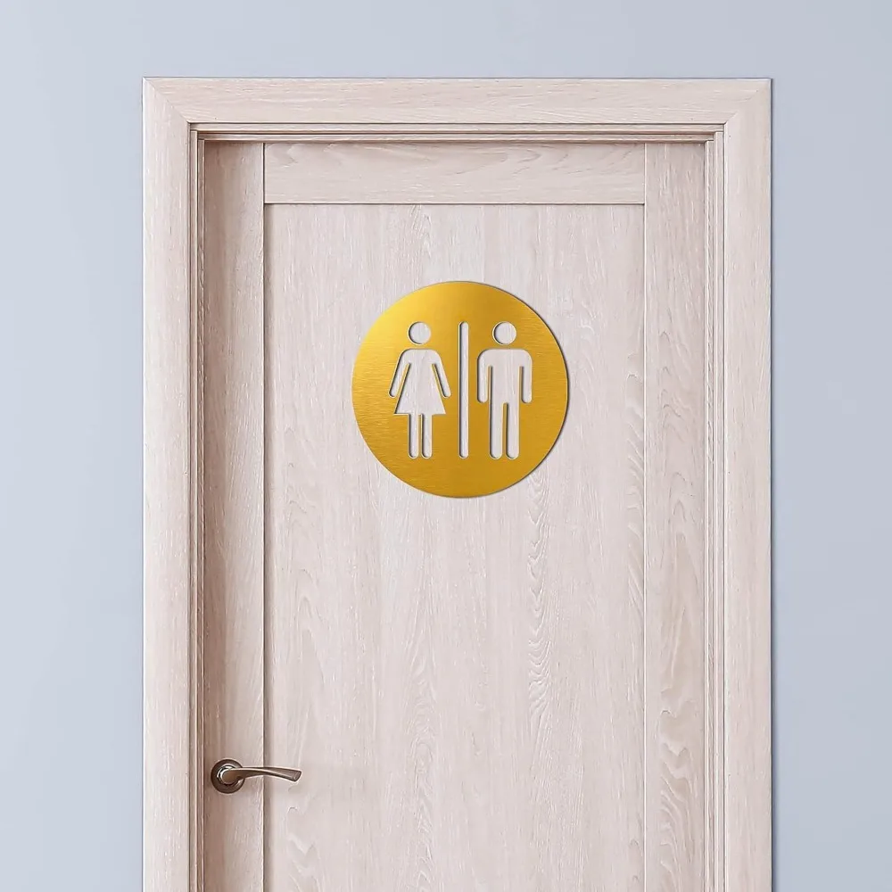 Metal Restroom Sign 7.87x7.87 Inch Gold Adhesive Backed Unisex Door Decor for Office Restaurant Home