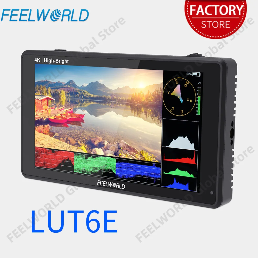 FEELWORLD LUT6E 6 Inch 1600nit Touch Screen DSLR Camera Field Monitor with Full HD IPS 1920x1080 4K HDMI 3D LUT Waveform Vector