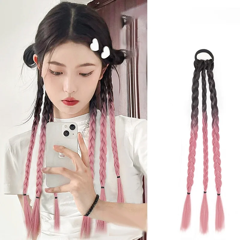 1pair 50cm Y2K Boxing Braid Wig for Women Sweet Cool Gradient Brown Black Pink Twist Long Braid Wig Girls Party Hair Accessories