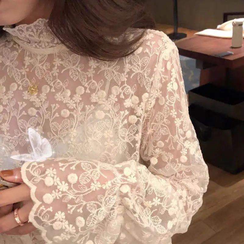 Office Lady Solid Color Lace Blouse Spring Autumn New Fashion All-match Half High Collar Female Casual Gauze Spliced Loose Shirt