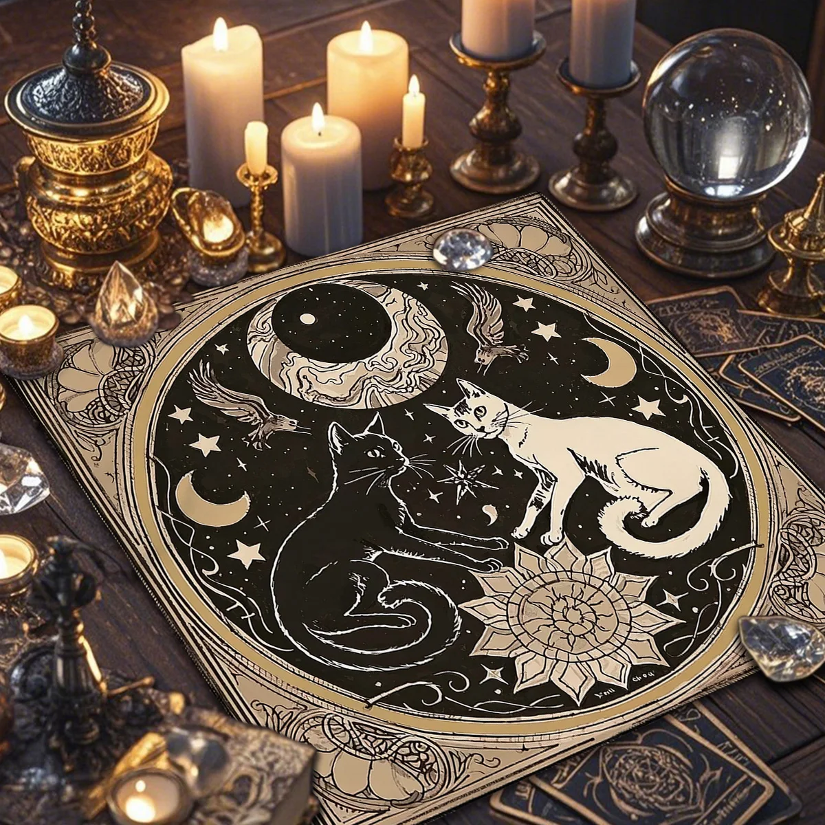 Divination Altar Cloth Altar Decor Witchcraft Cat Tarot Table Cloth Polyester Oracle Card Mat Decorative Astrology Tarot Mat