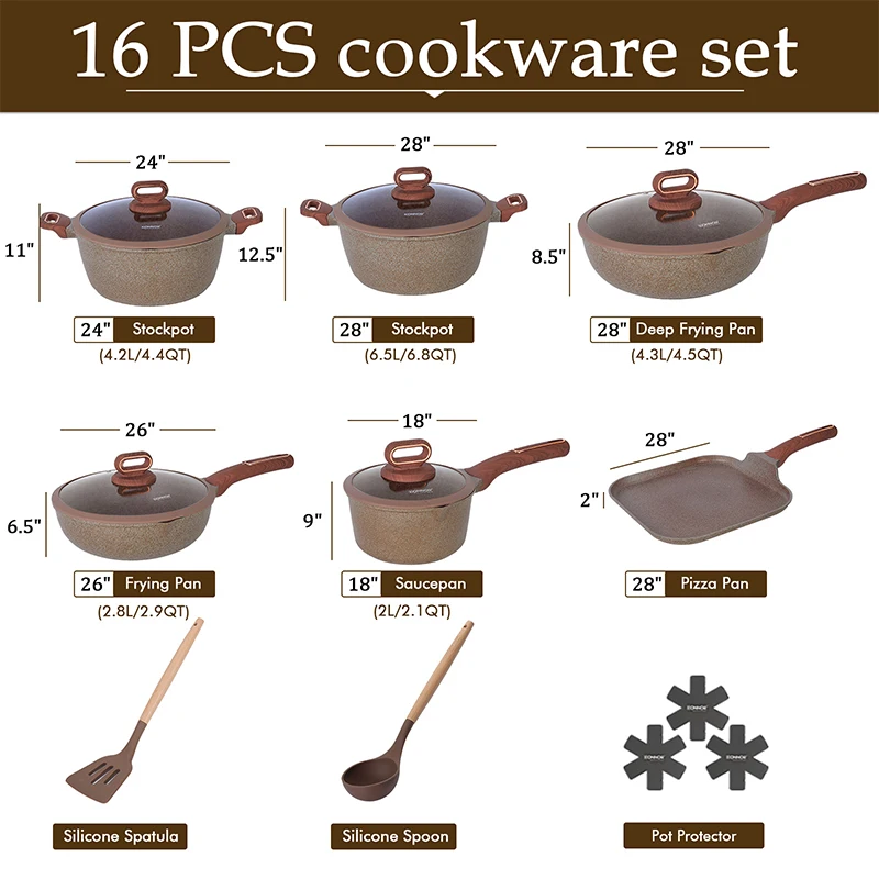 DONNOR 16Pcs Cookware Sets Non Stick Pots and Pans Set Kitchen Cooking Set with Stay-Cool Handles and Pot Protectors JT452
