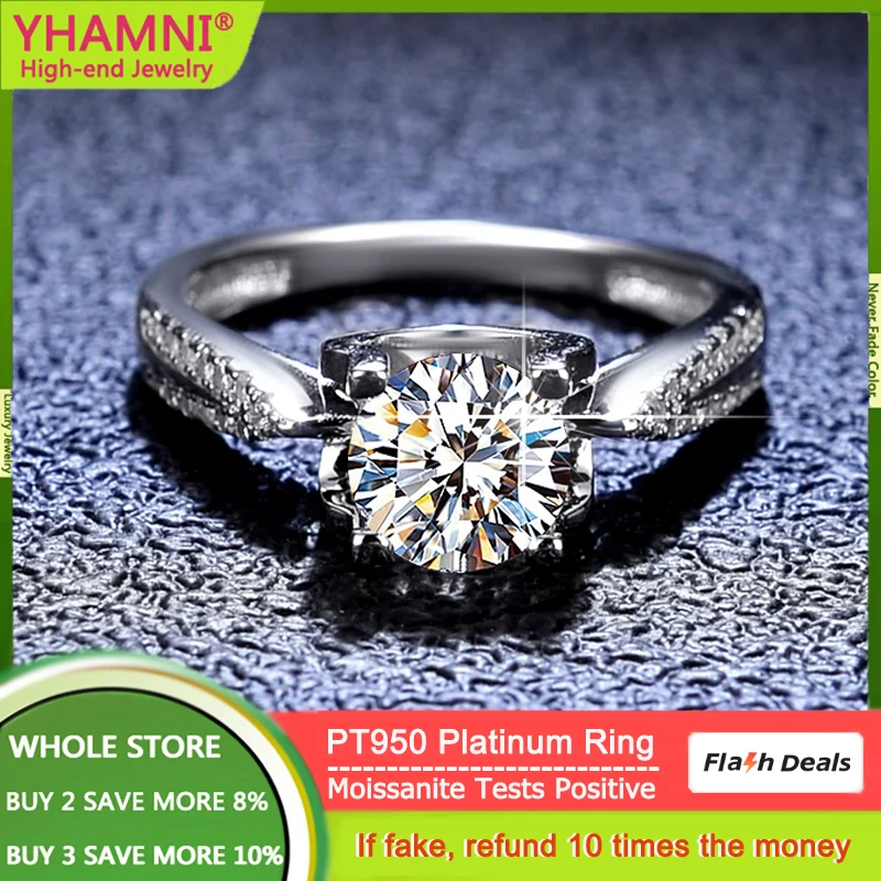 

Luxury PT950 Platinum Rings Women Wedding Band Fine Jewelry Round VVS 1 Carat Moissanite Diamond Rings High-end Accessories