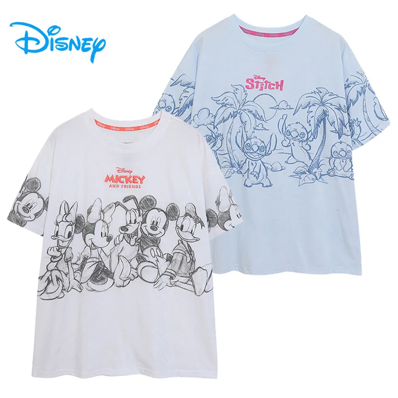 

Disney Stitch Mickey And Friends Cartoon T Shirt Letter Embroidery Casual Loose Tshirt Top O Neck Women Short Sleeve Tee Summer