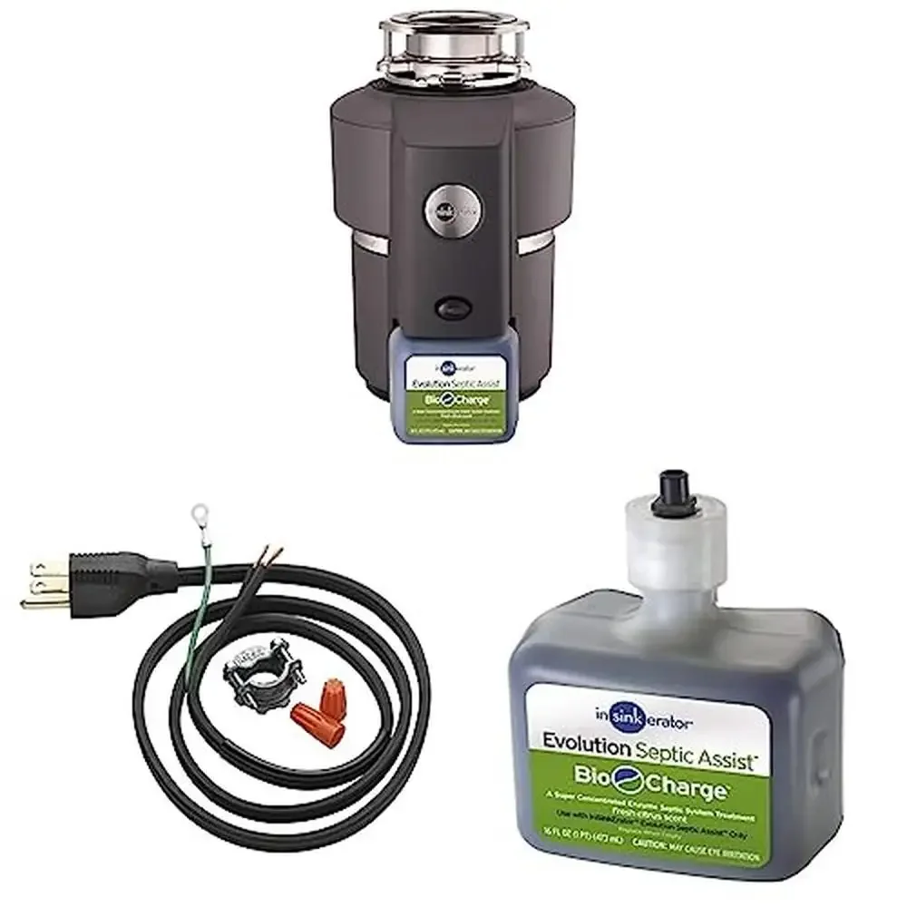 3/4 HP Household Garbage Disposal Bio-Charge Kit & Power Cord Quiet & Powerful Evolution Septic Assist Disposer Scented Enzyme