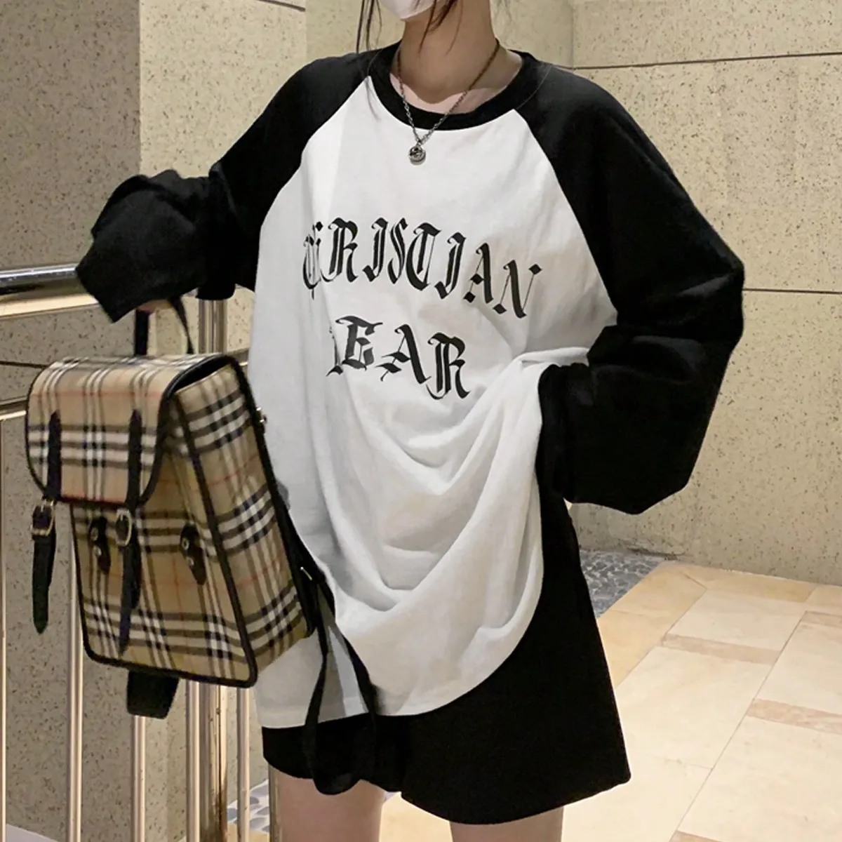 Coreano chique preguiçoso estilo bf contrastante talha raglan oversize moda na moda pulôver topo outono