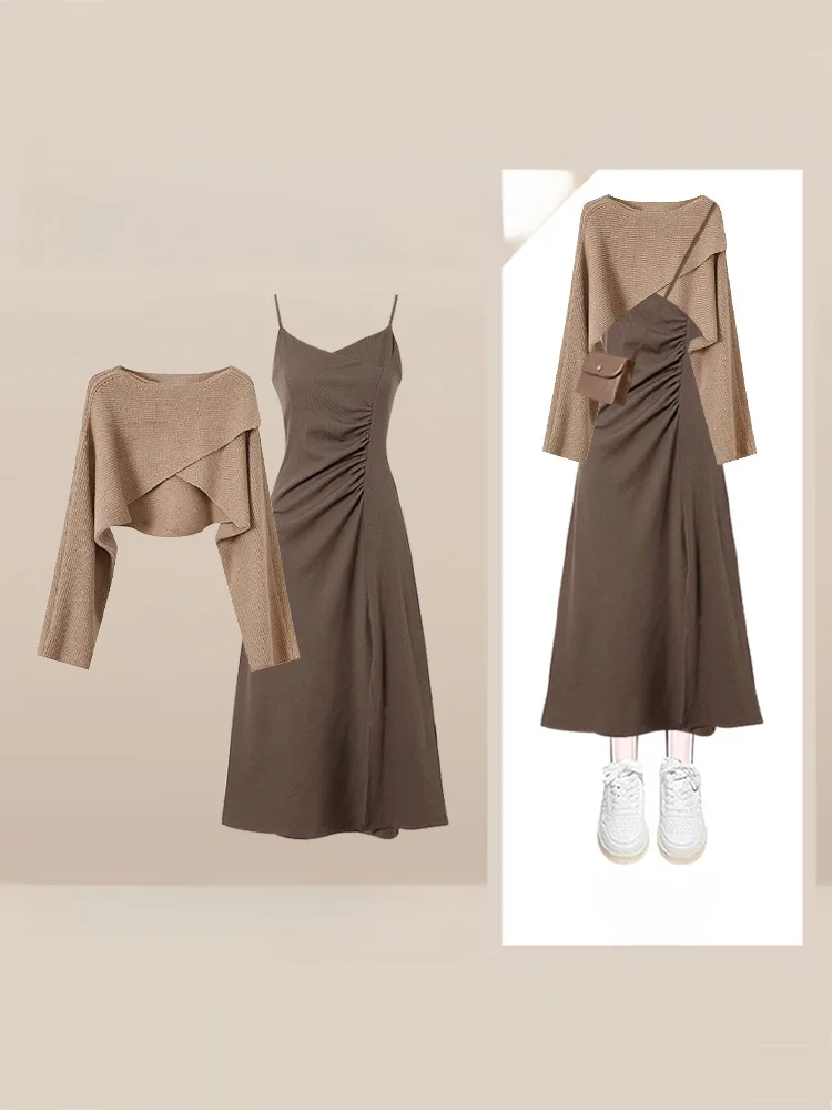 ชุดเสื้อถักไหมพรมไซส์ใหญ่สำหรับฤดูใบไม้ร่วง ผู้หญิงทรงหลวม เสื้อครอปเอวเข้ารูป กระโปรงยาว สไตล์ลำลอง แฟชั่นอเนกประสงค์