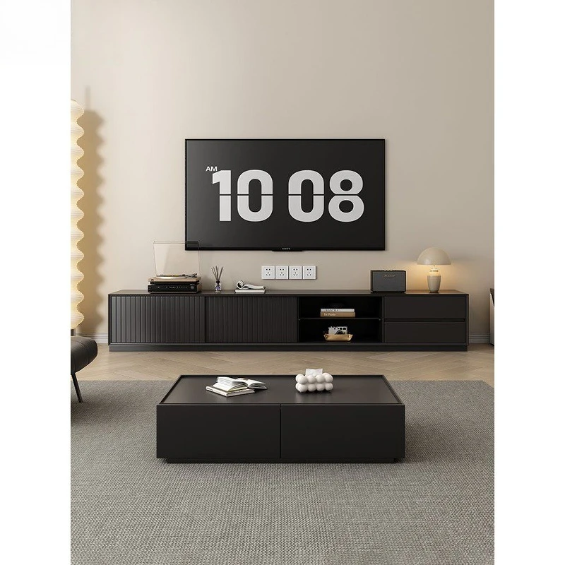 Living room solid wood heightened home high-end floor-to-ceiling black solid wood TV cabinet