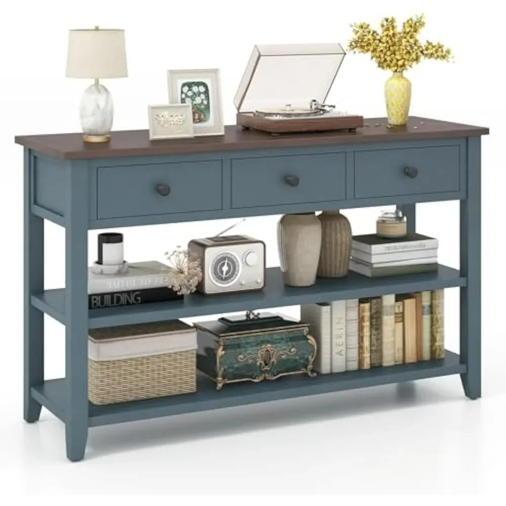 

50" Farmhouse Entryway Table, Narrow Console Table w/ 3 Storage Drawers & 2 Open Shelves, Wooden Behind Couch Side