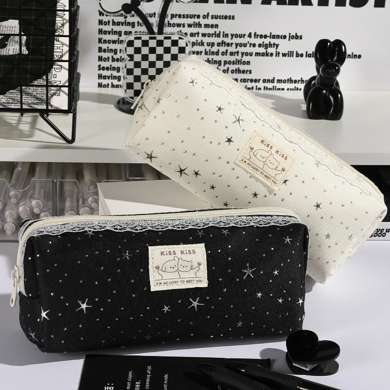 Lace Trim Star Glitter Pencil Case Cute Kiss Cat Patch Portable Pen Bag Teen Girls School Stationery Organizer Makeup Bag