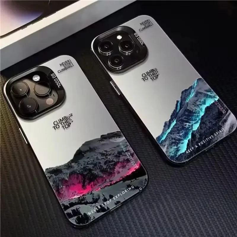 

Phone Case For IPhone 15 14 13 12 11 Pro XS Max Plus X XR 7 8 Plus Snow Mountain Landscape Sunset Plating Matte Hard Cover Funda