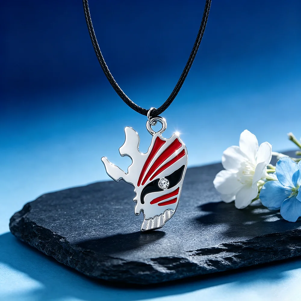 Anime Bleach Ichigo Mask Pendant Necklace, with Black Wax Rope Chain, Cosplay Jewelry Gift for Anime Fans Unisex