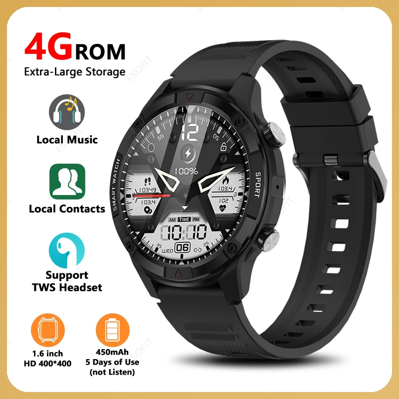 1.6-inch HD 4G ROM Storage Smartwatch Bluetooth Call Outdoor Sports Fitness Monitor Weather Smart Watch Support TWS Earphones