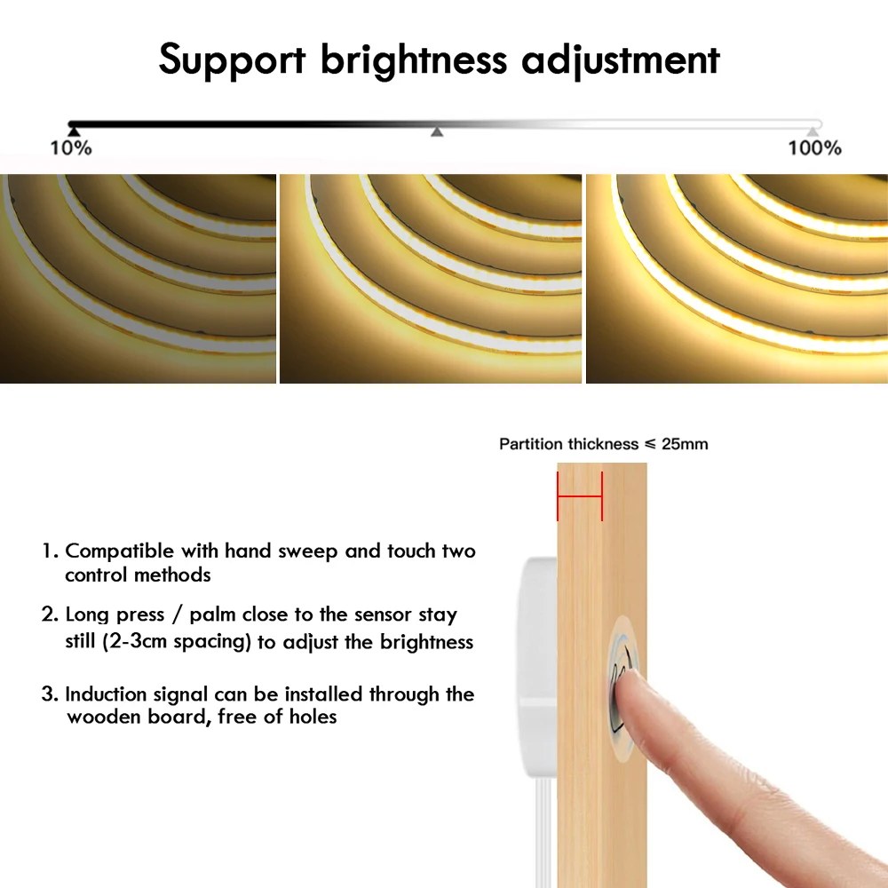 12V 24V Touch Dimmer COB LED Strip Light Hand Sweep Induction Switch US EU Power Kit Flex 320 LEDs Tape Bedroom Kitchen Lighting