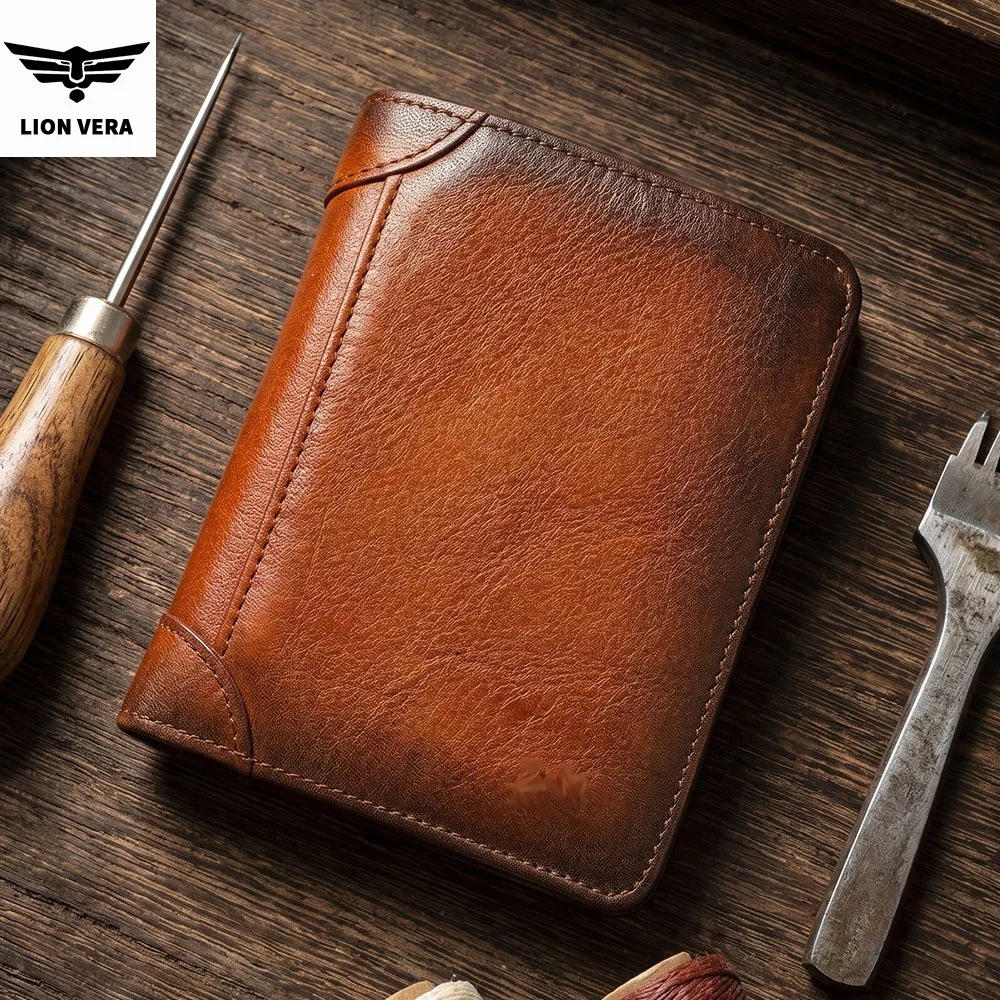 LION VERA Men's Genuine Leather Wallet Retro Multi-Card Slot Large Capacity Business Anti-Theft Anti-Degaussing Card Holder