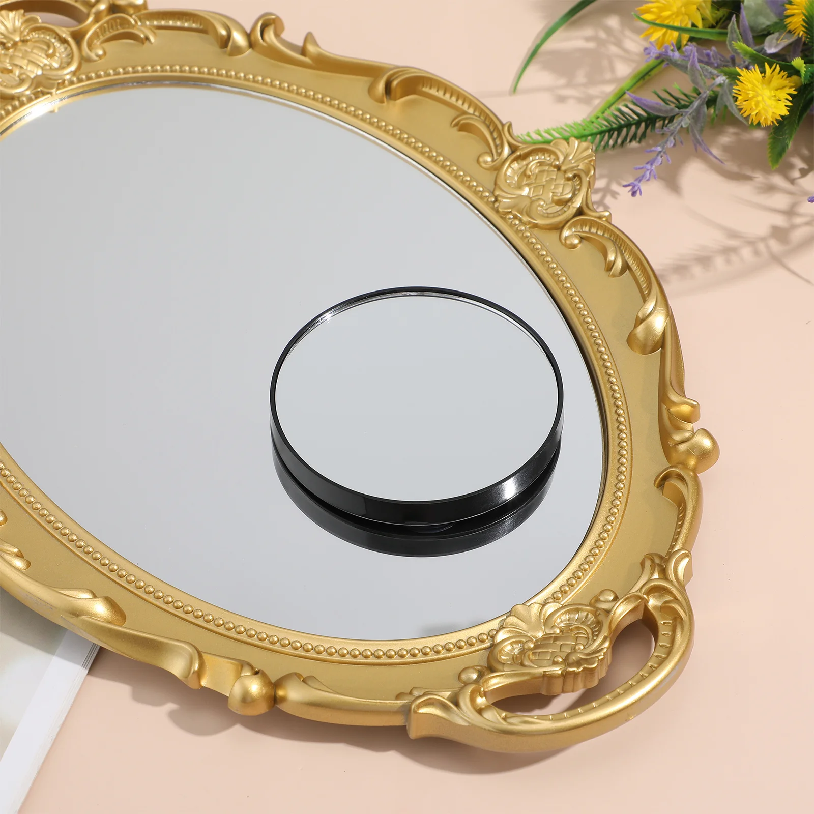 Miroir de maquillage loupe 5x, miroir de poche rond Compact de 8.8cm, montable au mur de salle de bains avec 2 ventouses de voyage