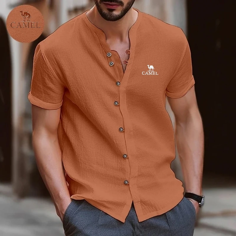 CAMEL Embroidered Retro Cotton and Linen Polo Shirt, High-end Summer Men\'s Fashion Trend, Casual Sports Short Sleeved Shirt